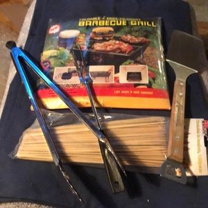 Foldable barbecue grill, stainless tongs, fork,spatula & wooden skewers